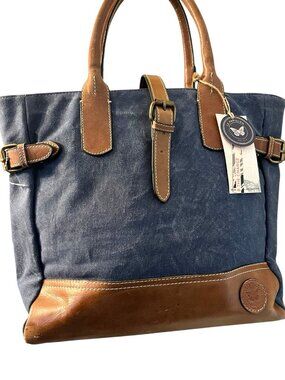 Le Papillon Navy Blue Canvas Brown Leather Trim Large Shoulder Tote Bag NWT